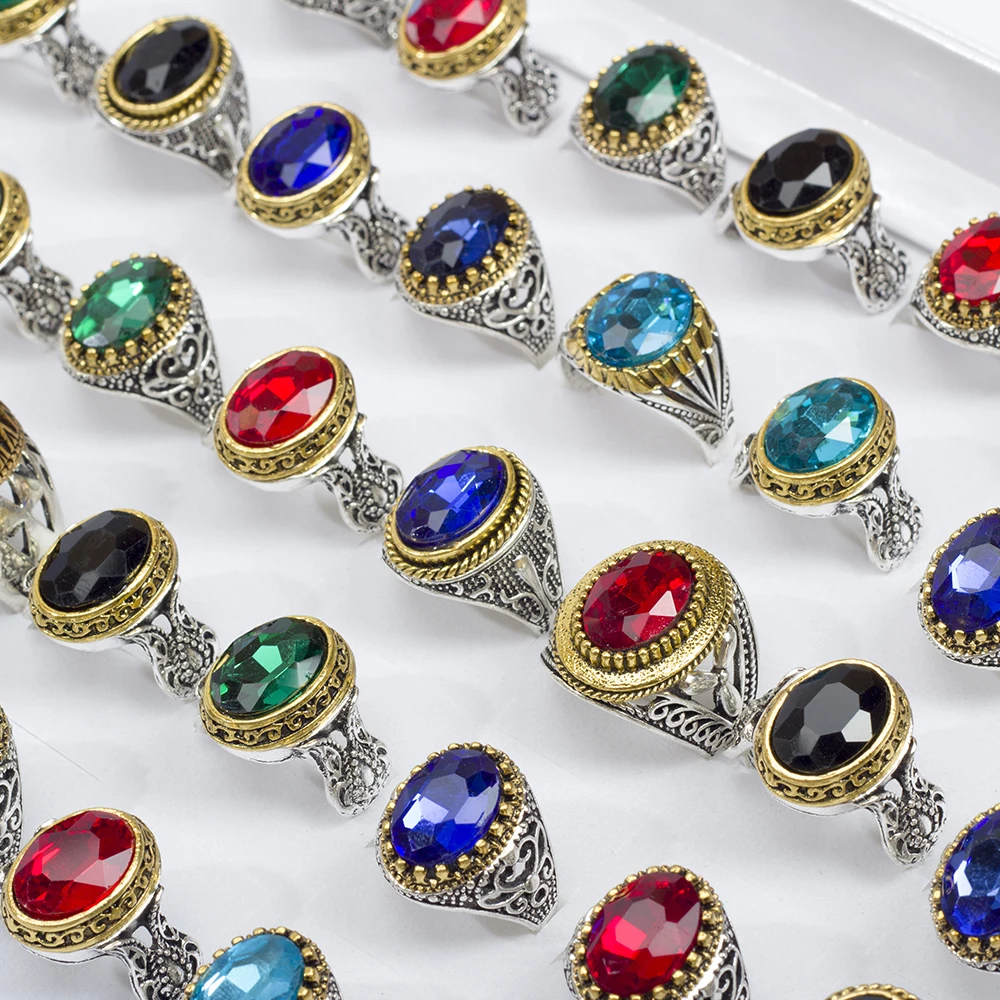 Bulk 20Pcs/Lot Mens Women\'s Vintage Metal Glass Turquoise Stone Rings For Party Gift Wholesale Jewelry