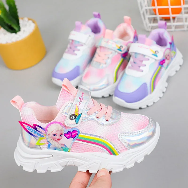 Disney Cartoon Frozen Elsa Princess Casual Shoes Girls Trend Casual Shoes Mesh Breathable Sneakers Kid's Fashion Running Shoes