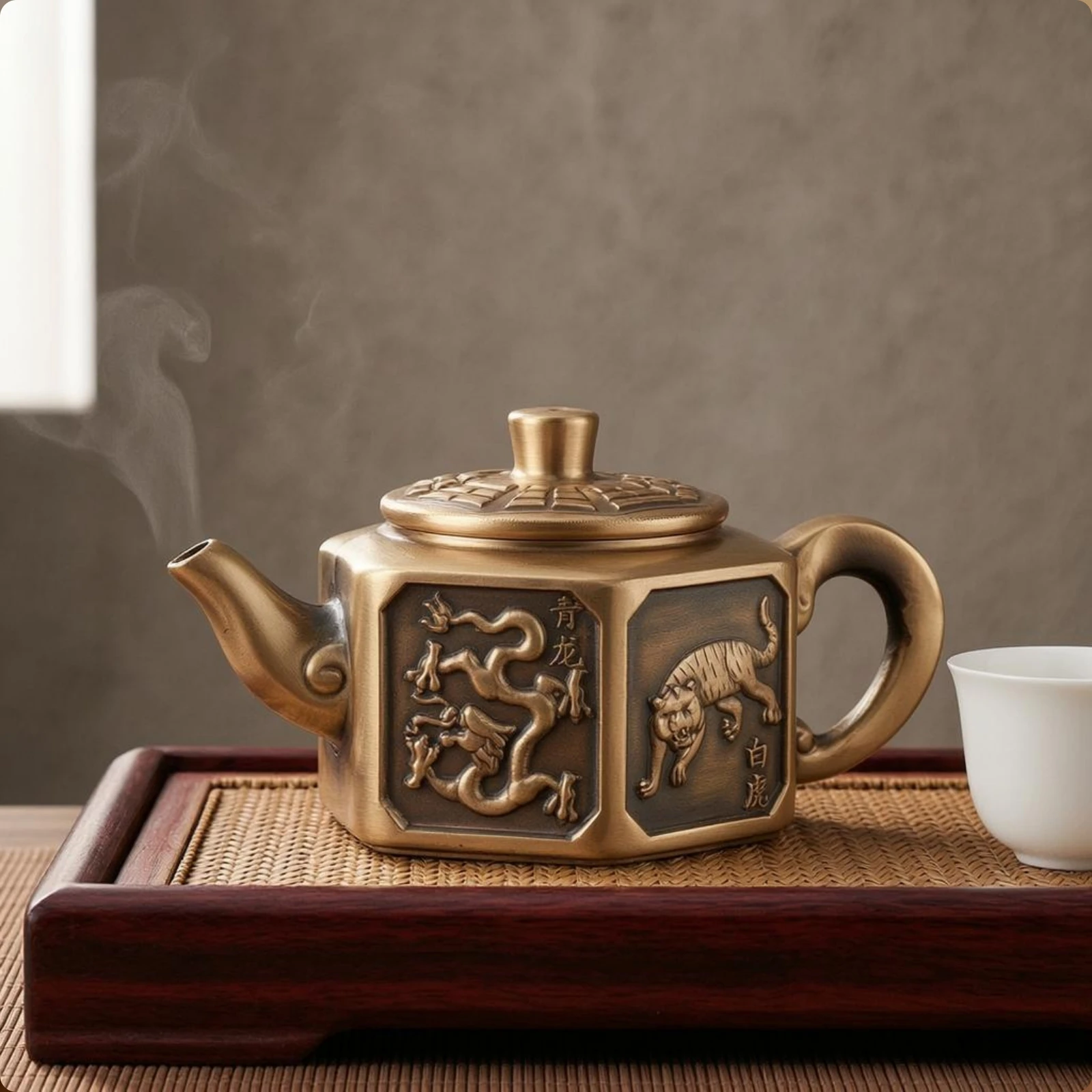 Hexagonal Teapot Raised Relief Brass Teapot House Decoration Geometric Home Decor Traditional Design for Indoor Display