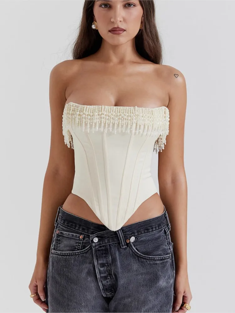 Elegant Strapless Beading Tassels Vest Suit Women Sexy Sleeveless Zipper Cropped Top Pleated Skirt Set Chic Beach Party Outfit