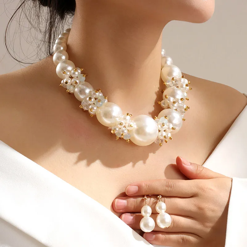 Ethnic Jewelry Sets Simulated Pearl Artificial Crystal Mixed Necklace Earrings Set For Women Bijoux Statement Chunky Necklace