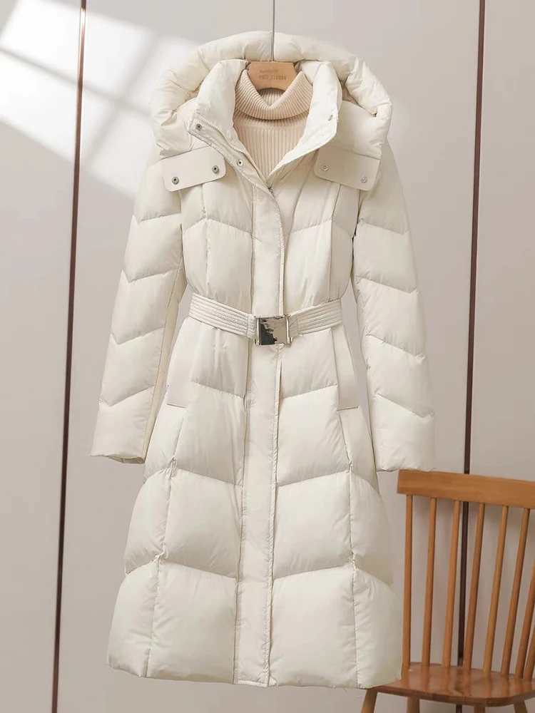 

Winter Hooded with Belt Long Down Jacket Women White Duck Down Knee Length Down Jackets Female Big Pocket Warm Parker Outwears