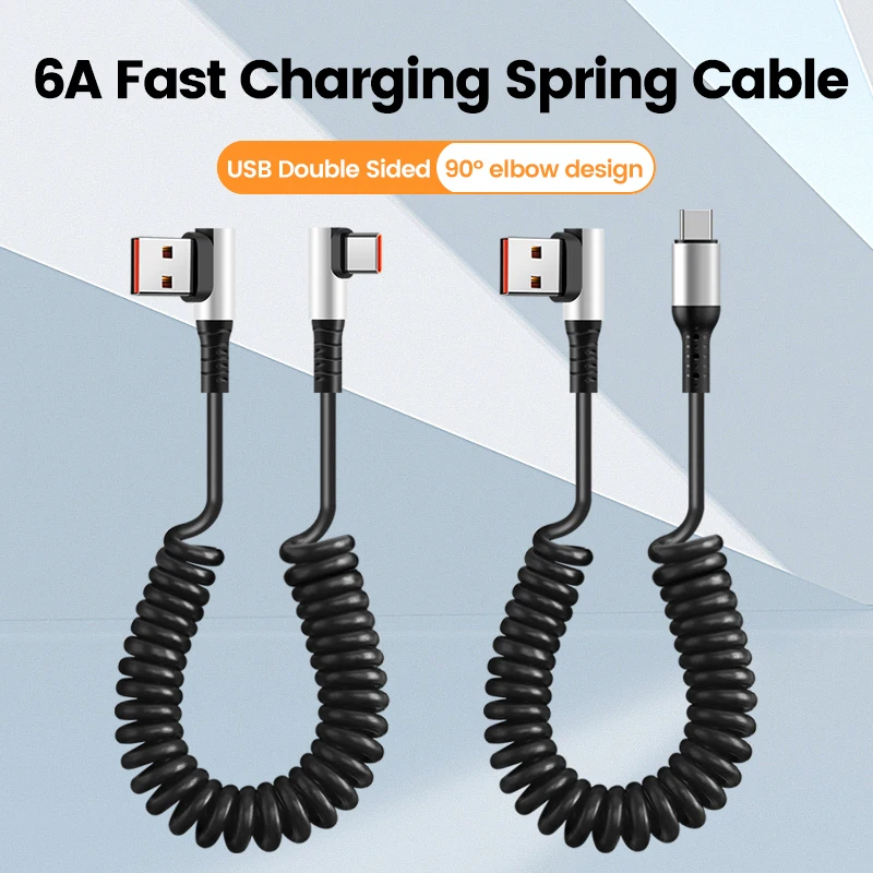 90° Elbow USB Spring Cable 6A Fast Charging Type C Car Spring Charging Cable for iphone 15 Pro Max Samsung Xiaomi Huawei 1.6M