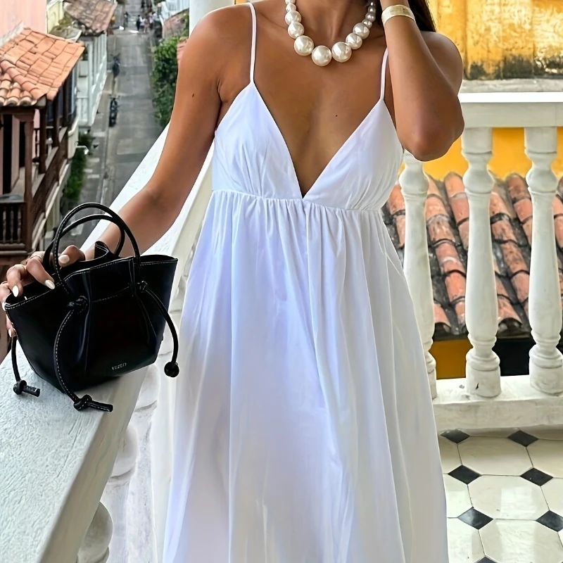 Rok Tanpa Punggung Wanita 2025 Warna Solid Musim Semi/Musim Panas Atasan Tanpa Lengan Warna Solid Rok Sederhana Tanpa Punggung Gaun Tali Tanpa Lengan