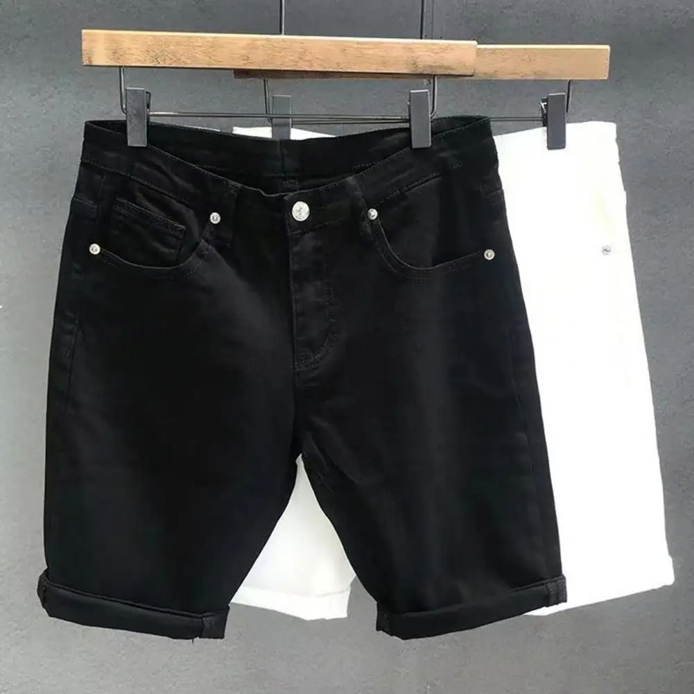 Casual Short Trousers Retro Zipper Summer Pure Color Knee Length Shorts  Denim Shorts Slim