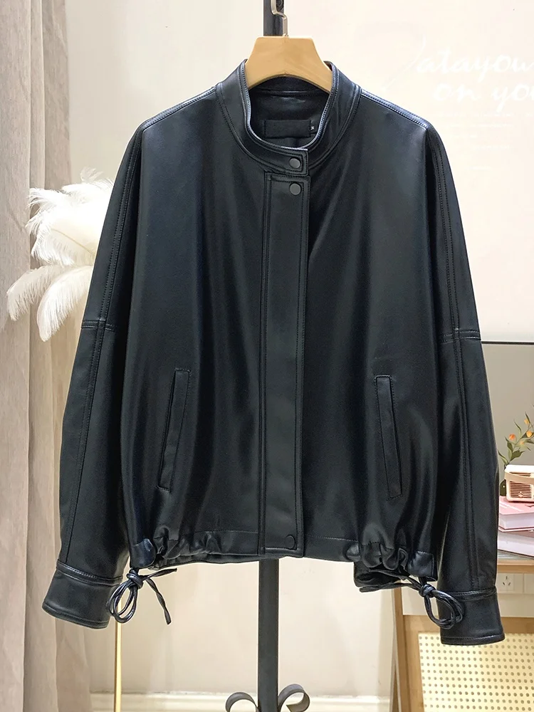 

Женская куртка из натуральной кожи Ning: новая весенне-осенняя модель свободного кроя, больших размеров, стройнящая, модная, из овчины