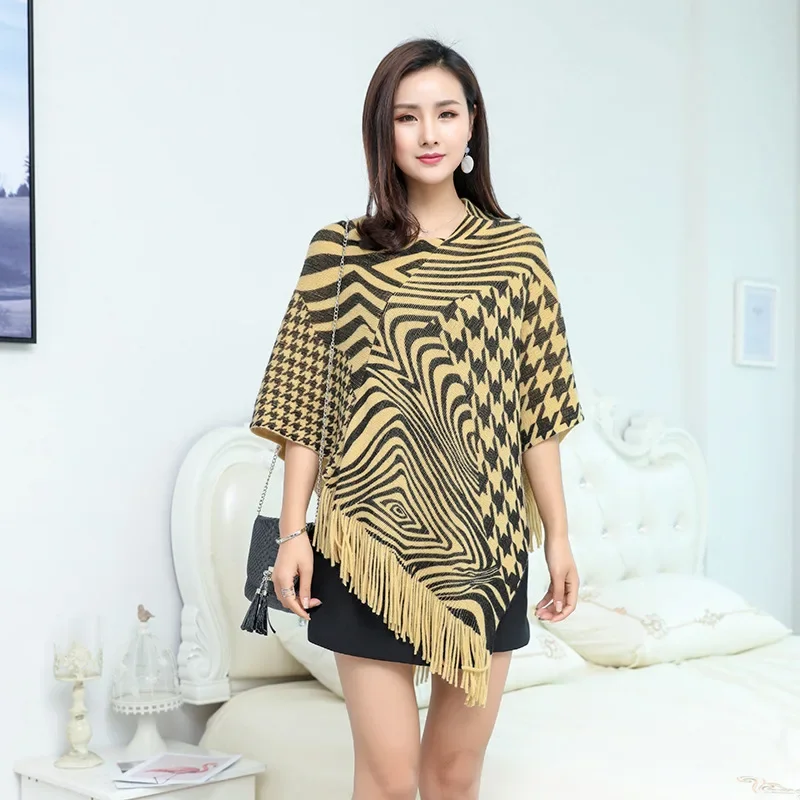 2022 Spring Autumn New Pullover Cloak Women Shawl Printed Zebra Pattern Cloak Blouse Fashion Coat Poncho Capes Wine Red