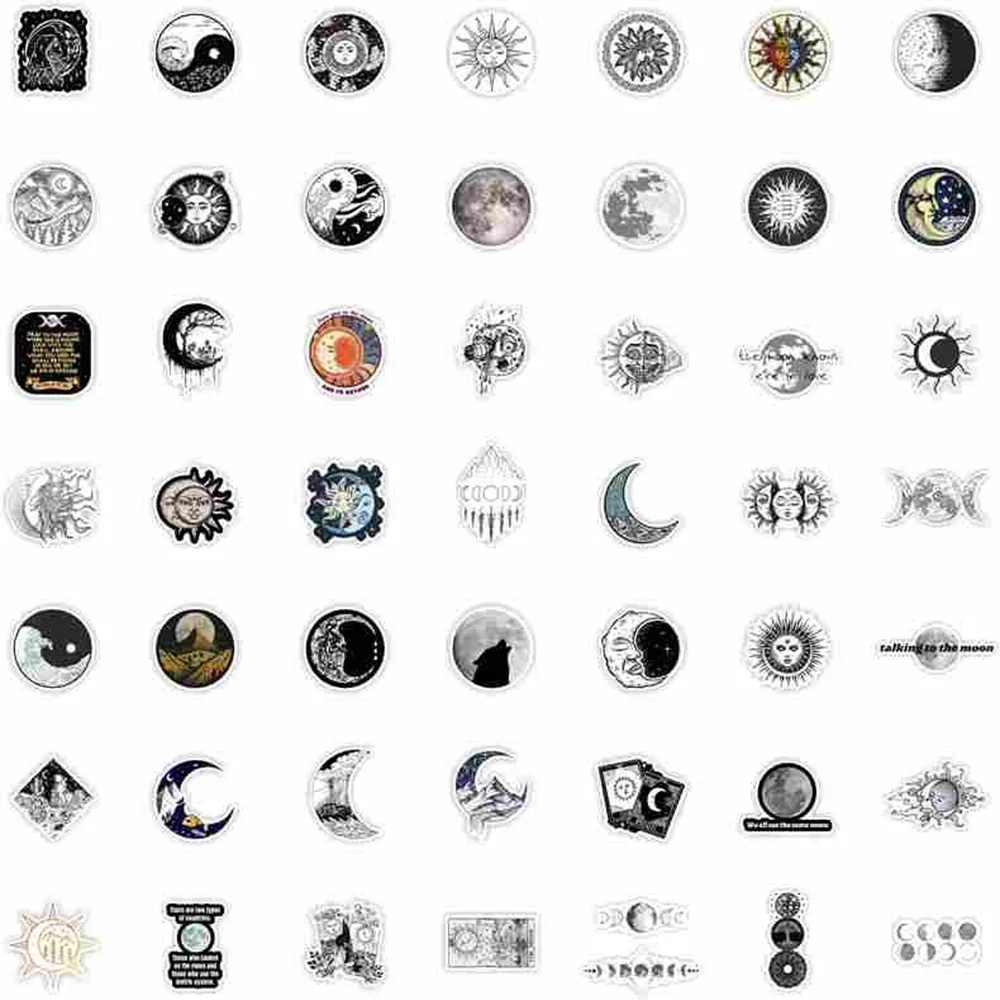 10/30/50PCS Black White Retro Moon Planet Sun Sticker DIY Phone Laptop Luggage Skateboard Graffiti Decals Fun for Kid Toys