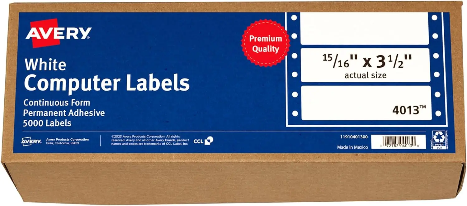 

White Computer Labels, 15/16" x 3-1/2", Compatible with Dot Matrix and Pin-Feed Printers, Pack of 5,000 Sheets (4013)