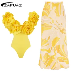 Conjunto sexy de biquíni push up flor para mulheres, maiô fora do ombro, roupa de banho única, cintura alta, saia de praia, 2022