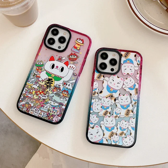 

Fortune Cat Acrylic Colorful Border Phone Case Cover for IPhone 11 12 13 14 15 Pro Max Case