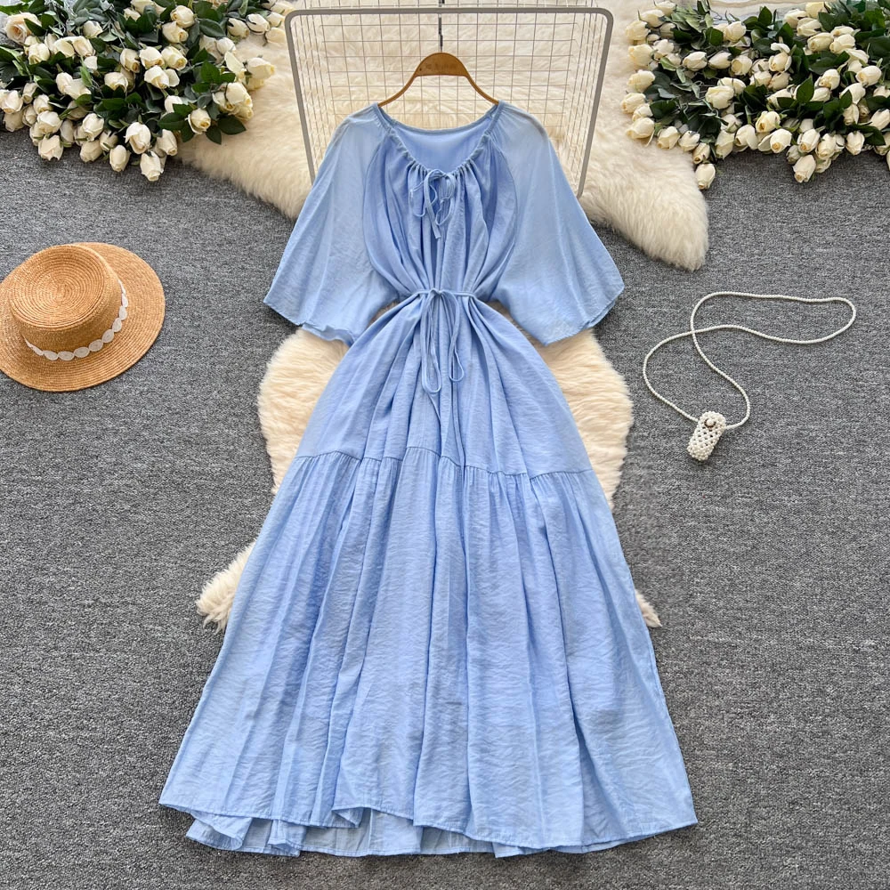 เดรสยาวทรงเข้ารูปสไตล์เกาหลีโบฮีเมียน ผ้าตาข่ายแขนสั้น ดีไซน์วินเทจเก๋ไก๋ สวยหรูดุจนางฟ้า