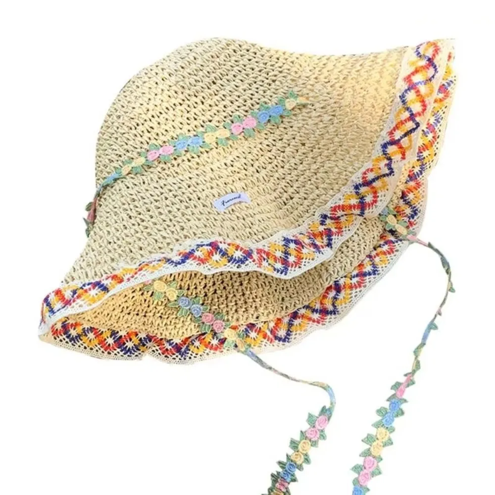 

Elegant Woman's Straw Hat Breathable Foldable Sun Protection Cap UV Protection INS Lace Brim Sunshade Cap Casual Wear