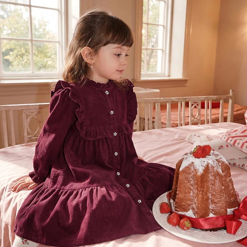 French Countryside Style Cotton Corduroy Dress for Children's Autumn and Winter Forest Style Cute Girls' Long Sleeved Cake Skirt
