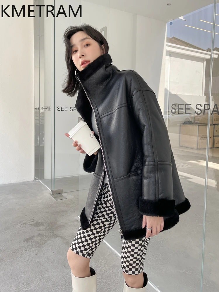 100% lana merino pelle di pecora doppia faccia giacca di pelliccia donna motociclista nero vero cappotto di pelliccia inverno donna abbigliamento 2025 шуба ж Döncud