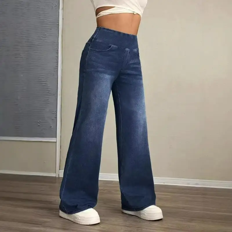 Women Jeans Denim Wide Leg Pants Full Length Pockets Pant Streetwear Loose High Waist Lady Washed Trousers Solid Autumn 2025