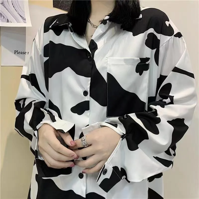 DAYIFUN Women Blouse Summer Oversize Milk Cow Print Lapel Silk Shirts with Pocket Short Sleeve Casual Female Top Cardigan Blusas