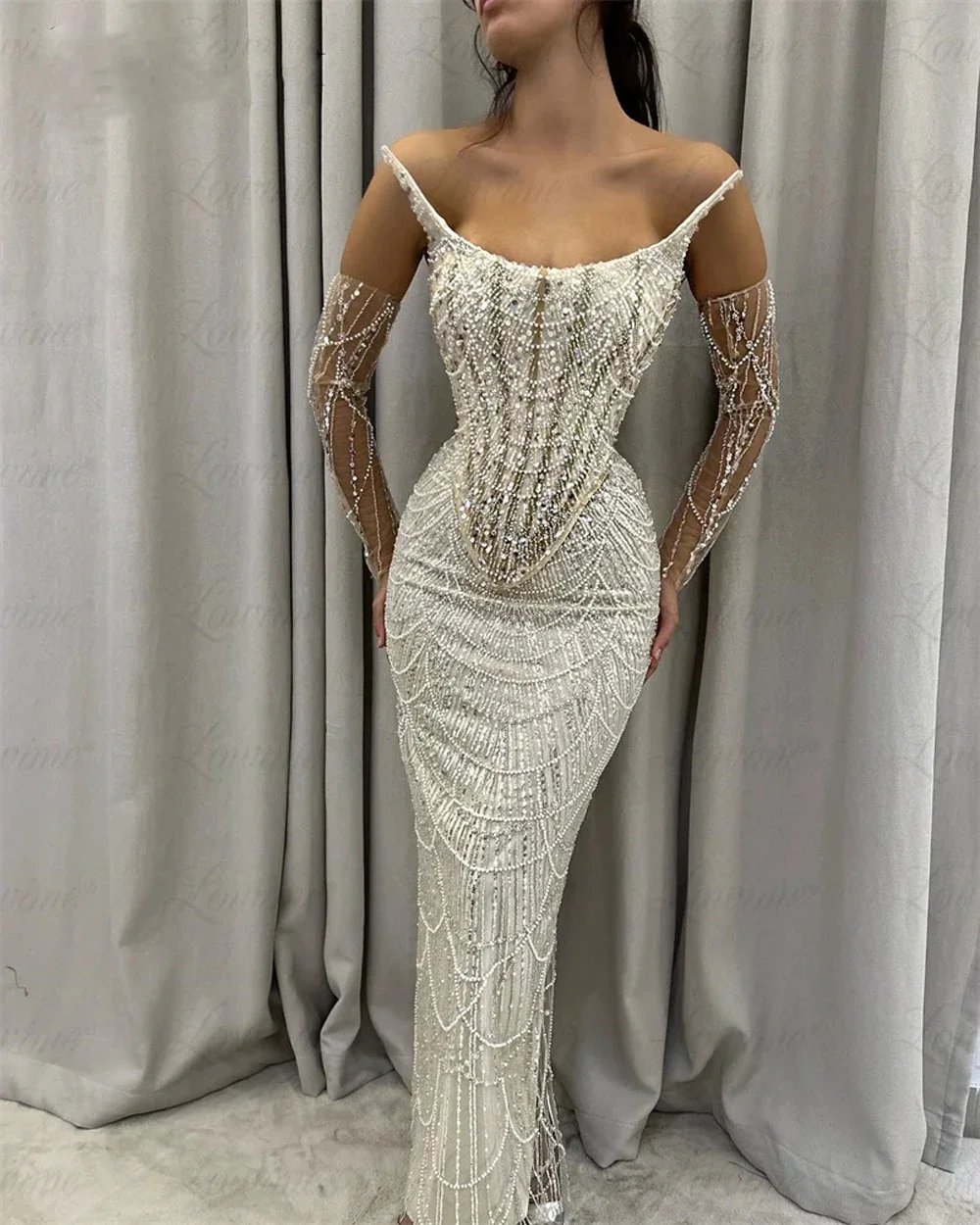 Spaghetti Straps 3 Pieces Suit Mermaid Sequined Evening Dresses Champagne Pearls Beaded Formal Prom Party Gowns فساتين سهرة