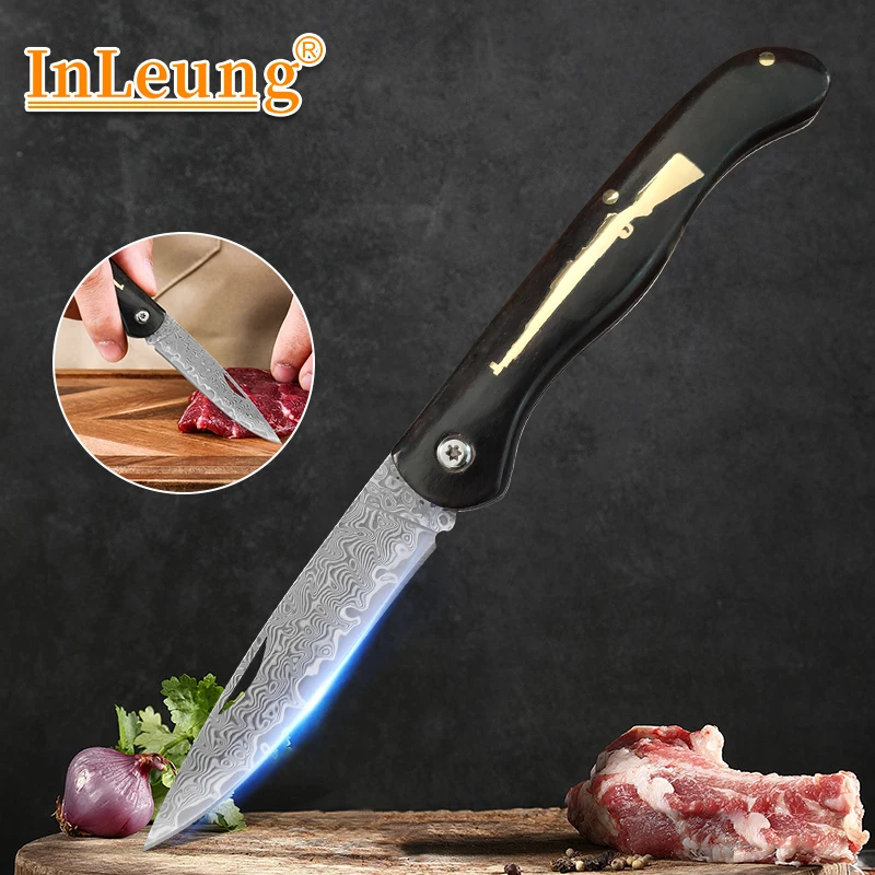 Utility Knife Damascus Steel Folding Kitchen Knife Fruit Slicing Pocket Cutting Knives Wooden Handle Household Cooking Knife