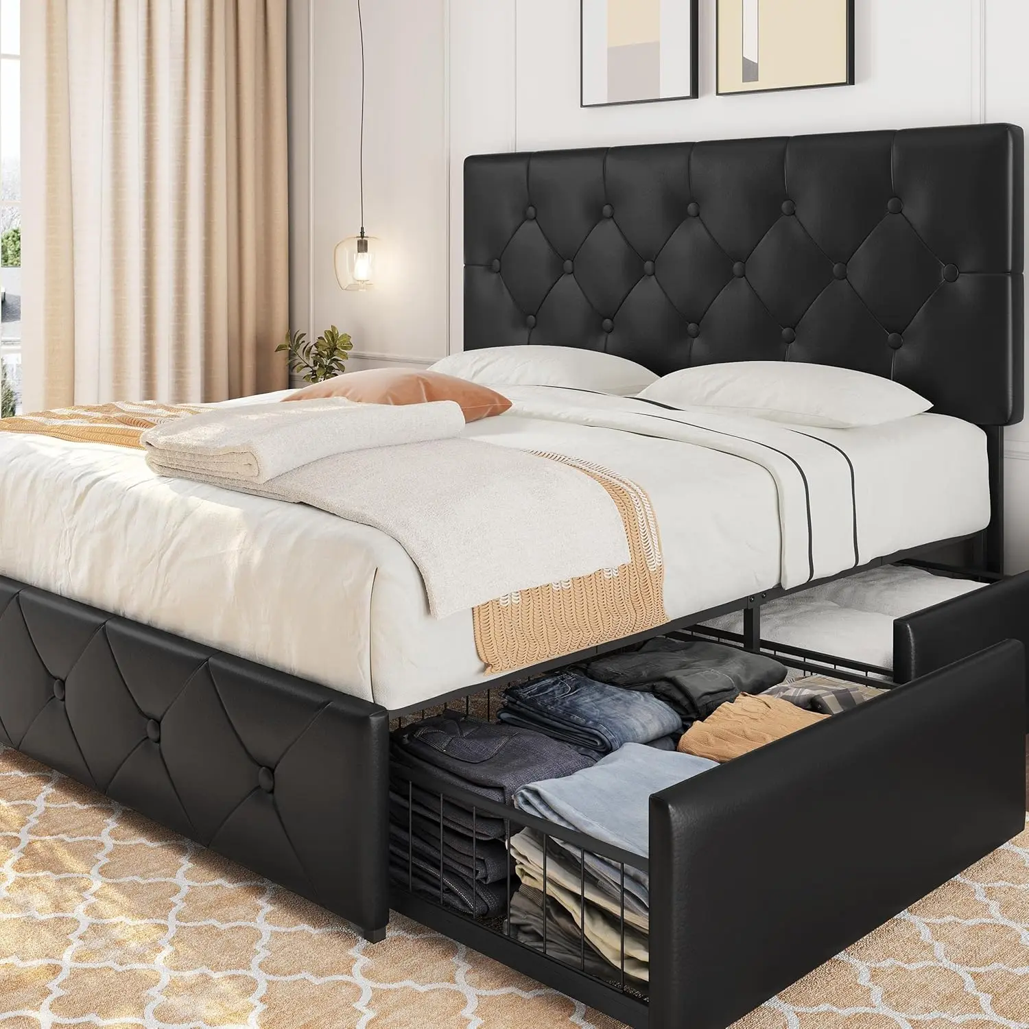 Queen Size Upholstered Bed Frame with 4 Drawers and Adjustable Headboard Faux Leather Platform Bed with Mattress