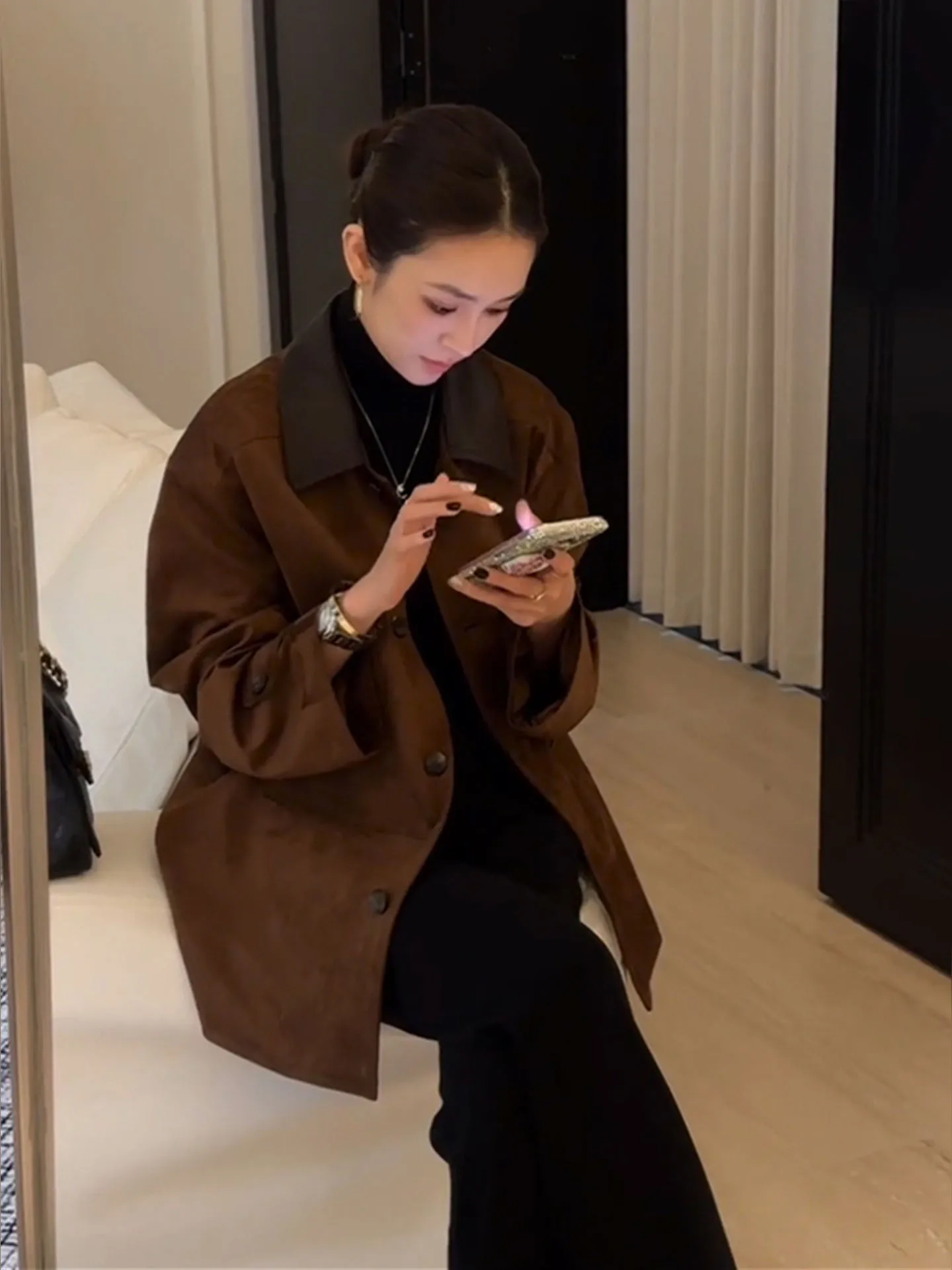 

Retro Sle Suede Ne Jaet Coffee Color Women's ort Outerwear Faionable Early Spring High End Feelings Coat