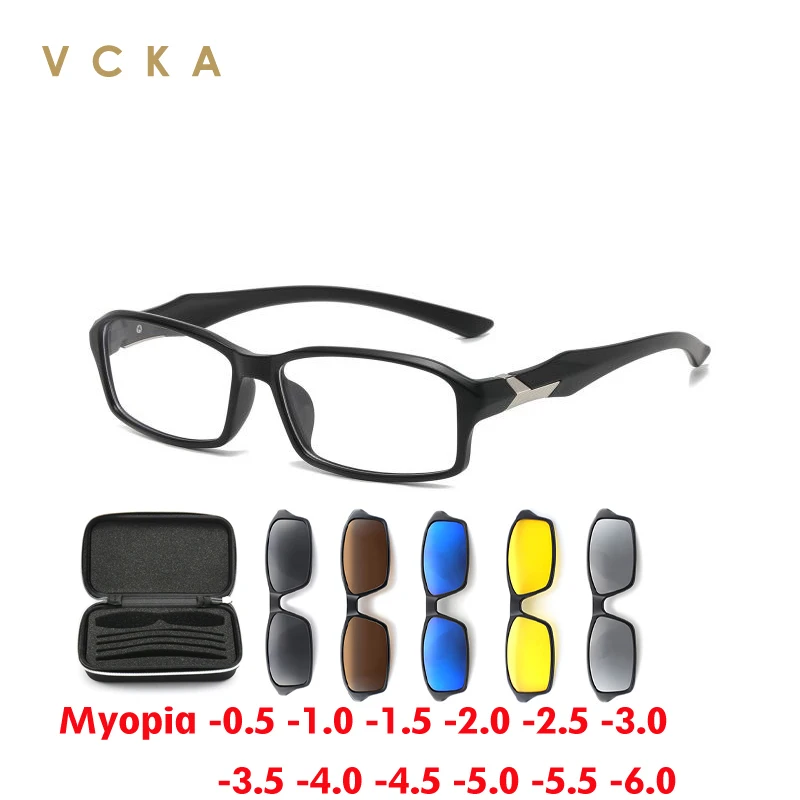 VCKA Square Magnetic Clip Myopia Sunglasses 2024 NEW Women Men Polarized UV400 Eyewear Sports Prescription Glasses -1.0~-6.0