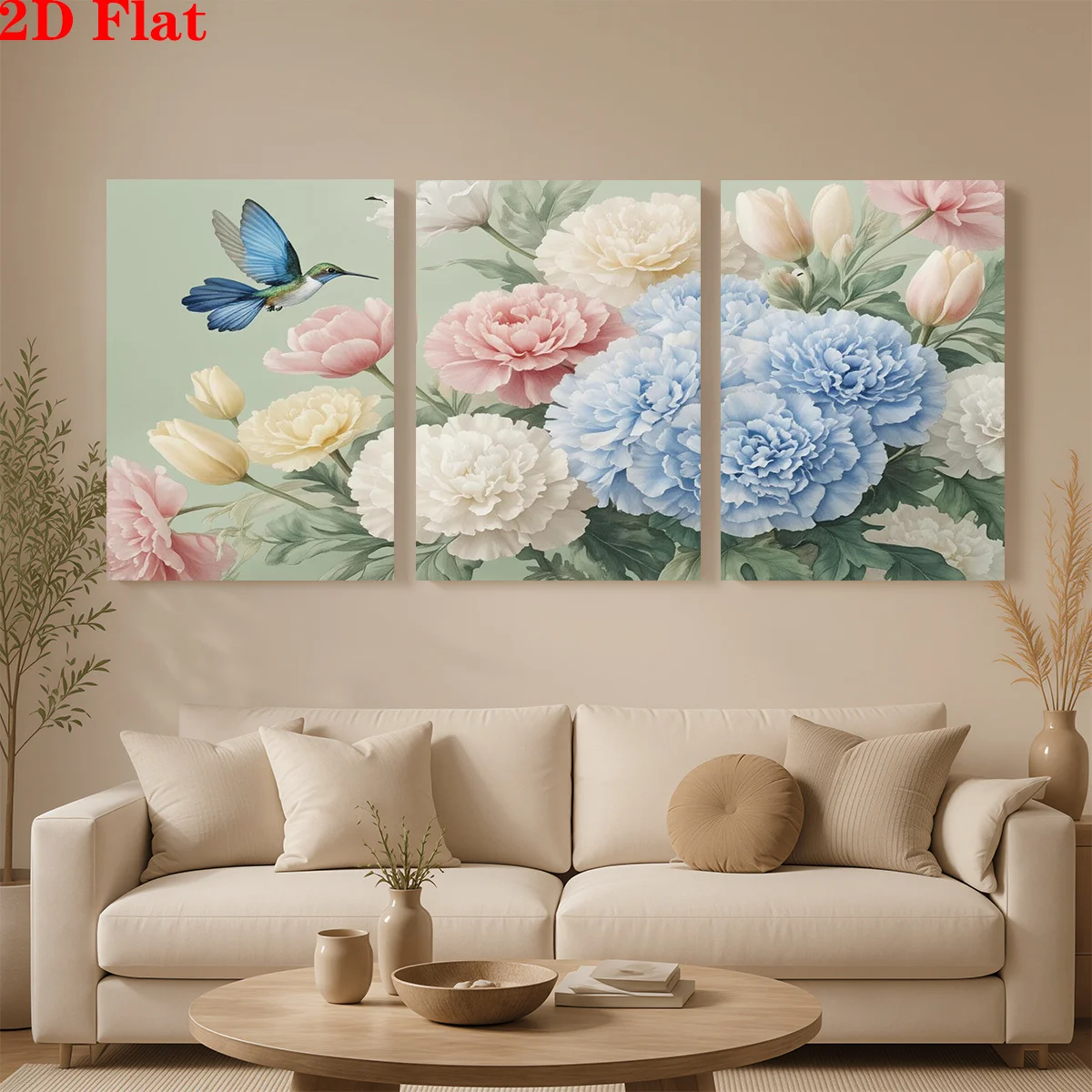 Frameless 2D 3pcs Canvas Art Wall Hanging- A blue hummingbird near colorful flowers. Suitable for Decorating Offices, Dining