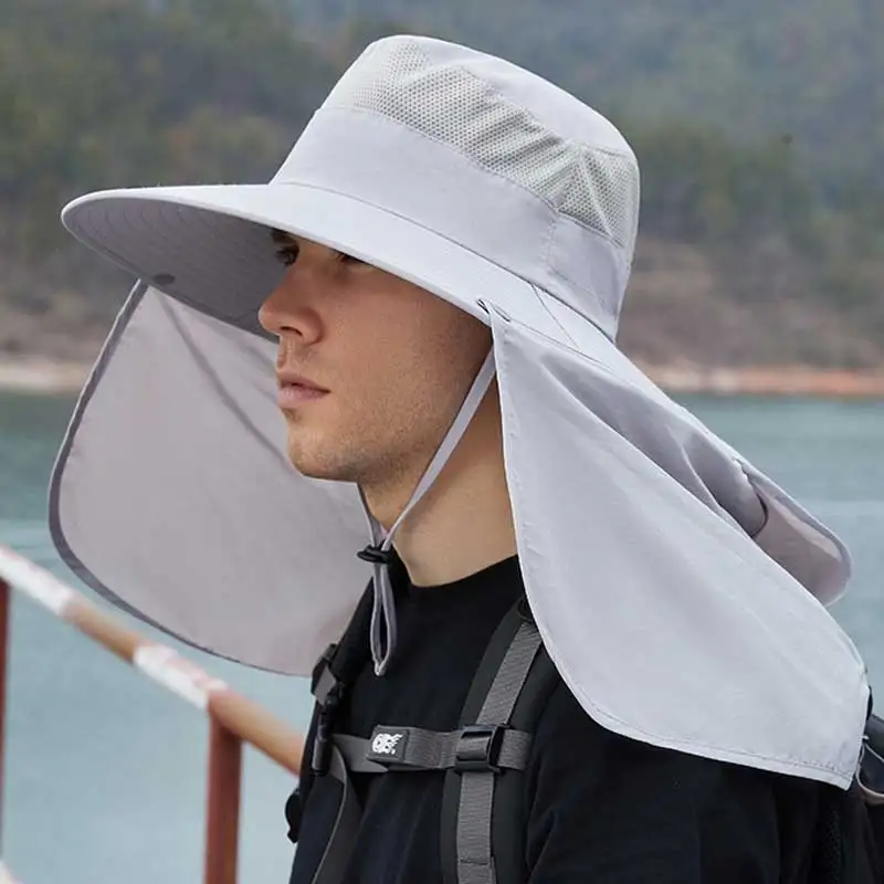 Unisex Bucket Hat with Shawl Waterproof Outdoor Hiking Fishing Cap Removable Big Eaves Face Neck Protection Sunscreen Caps Men