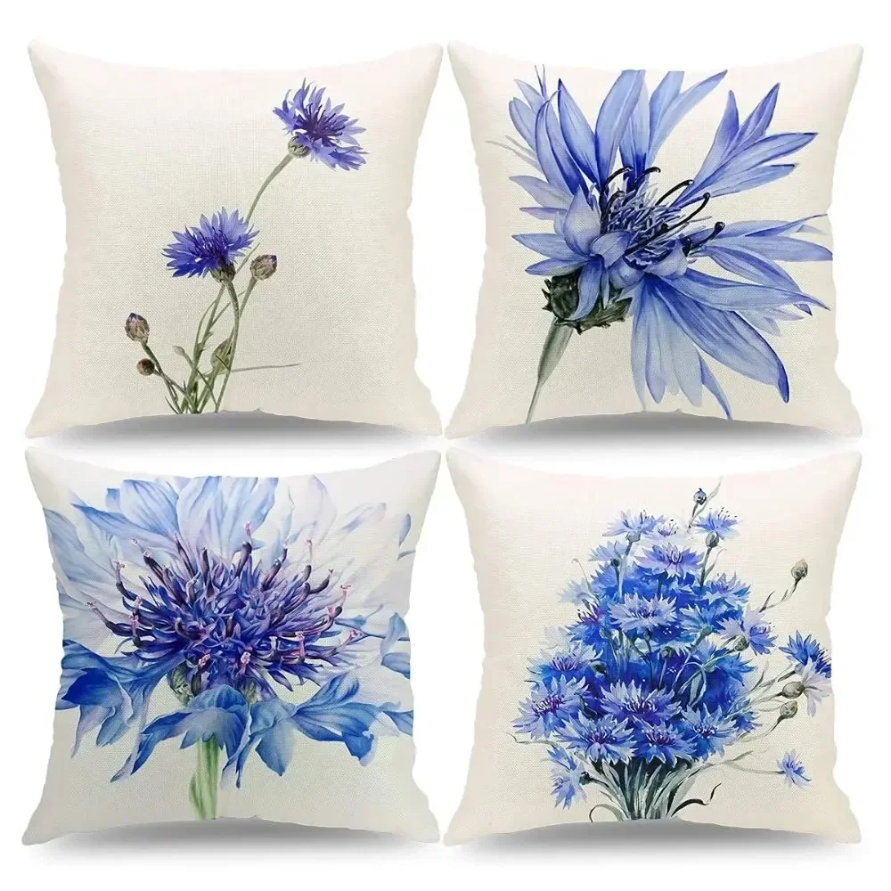 

Modern blue watercolor flower linen pillowcase sofa cushion cover home decoration can be customized for you 35x35 40x40 45x45cm