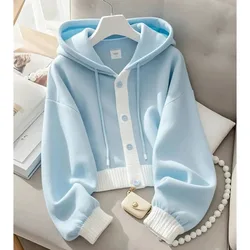 Lazy Wind Femme Hooded Sweatshirts Jacket Autumn Winter Women Patchwork Cardigan Hoodies Advanced Ladies Loose Blue Top Coat