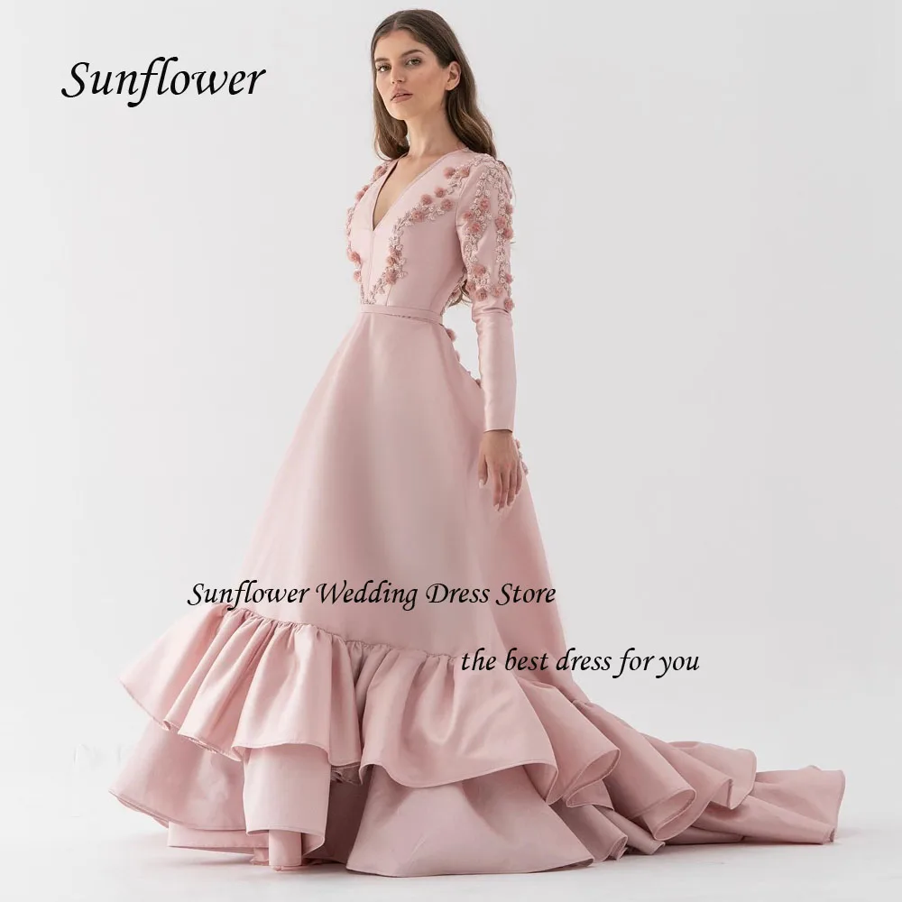 Sunflower gaun malam kerah V, gaun pesta putri panjang lantai, gaun Prom A-LINE Satin berjenjang, gaun applique ramping 2023