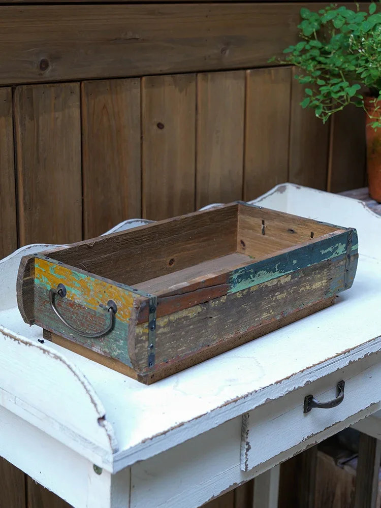 Vintage Wooden Tray with Handles, Long, Rectangular, for Flowers and Storage