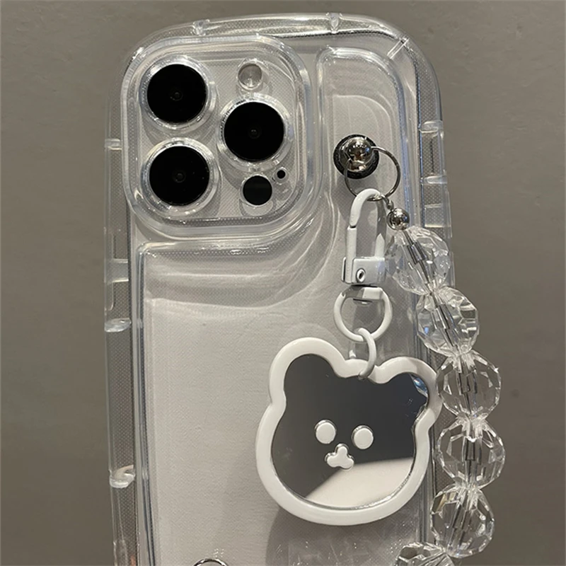 Cute Whtie Bear Pendant Rhombus Bead Bracelet Clear Case For IPhone 15 14 12 11 13 Pro Max X XS XR Shockproof Protective Cover