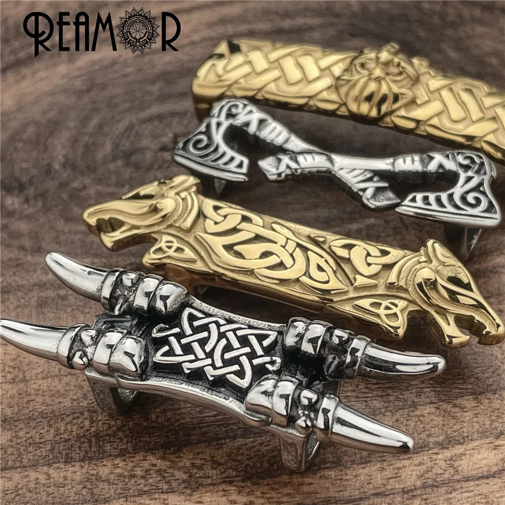 REAMOR 2pcs Stainless Steel Viking Slider Beads Battle-ax Wolf Totem Beads For 10*5mm Flat Leather DIY Men Jewelry Accessories