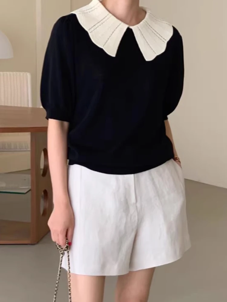 

Loose Fit Color Blo Doll Collar Knitted Top Women's Summer New Sle Hepburn Casual Versatile Korean Version ort Sve