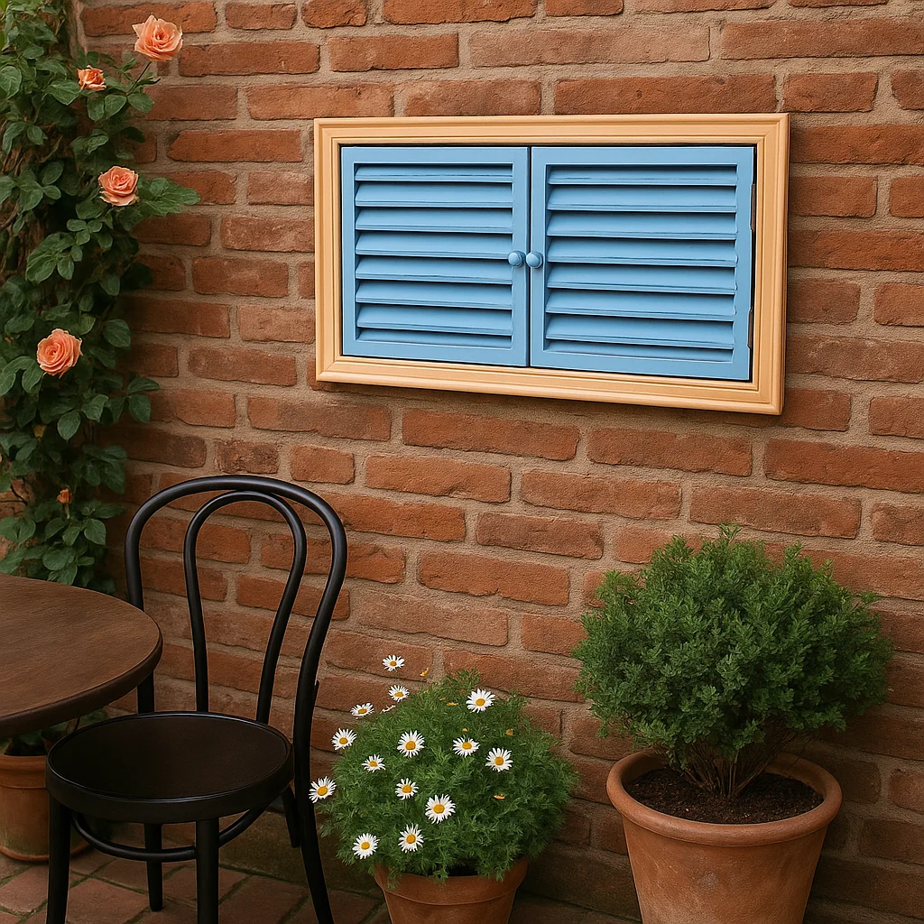 Rustic Wooden Wall Decor Window with Blue Shutter Doors, Vintage Distressed Style, 60x30cm