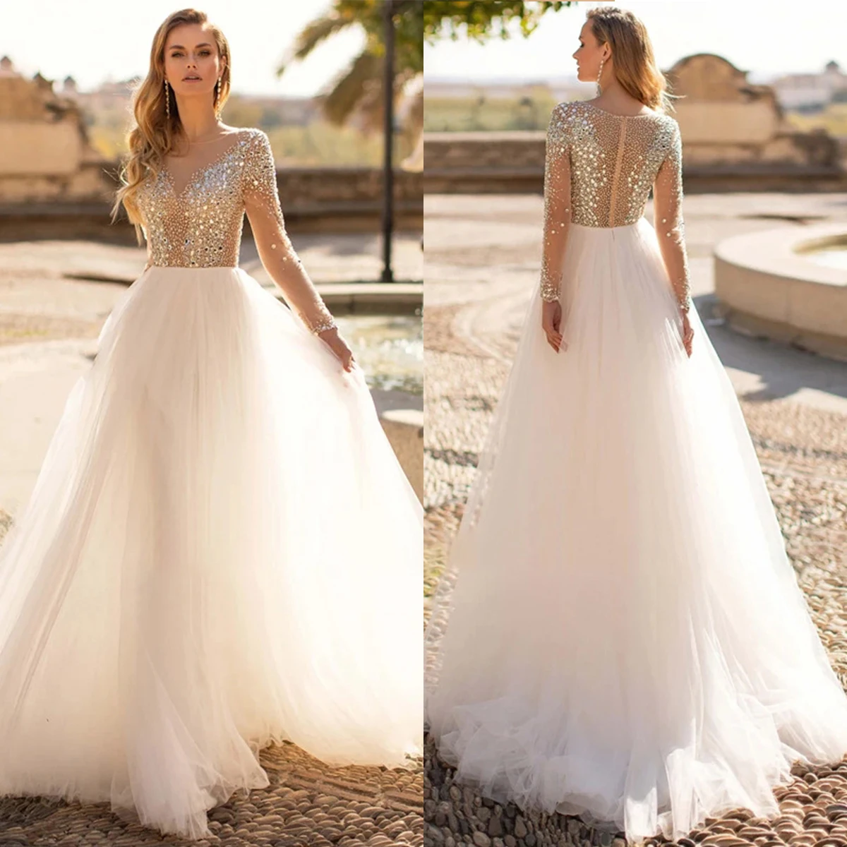 Vestidos de novia de moda, mangas largas, cuentas, apliques de piedra de cristal, vestidos de novia de línea A, bata de tren de barrido trasero con botones personalizados