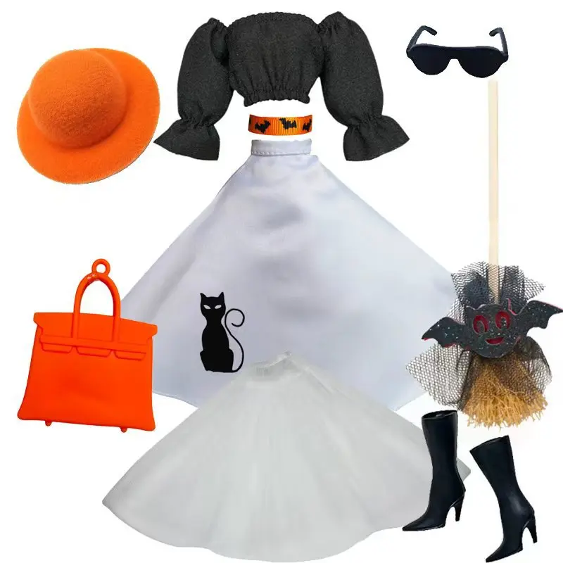 Halloween-themed Off-the-shoulder Top+Skirt+ Shoes+handbag+Hat+Broom Set For 1/6 Babi Xianxian Supermodel Doll Cosplay Dress Up
