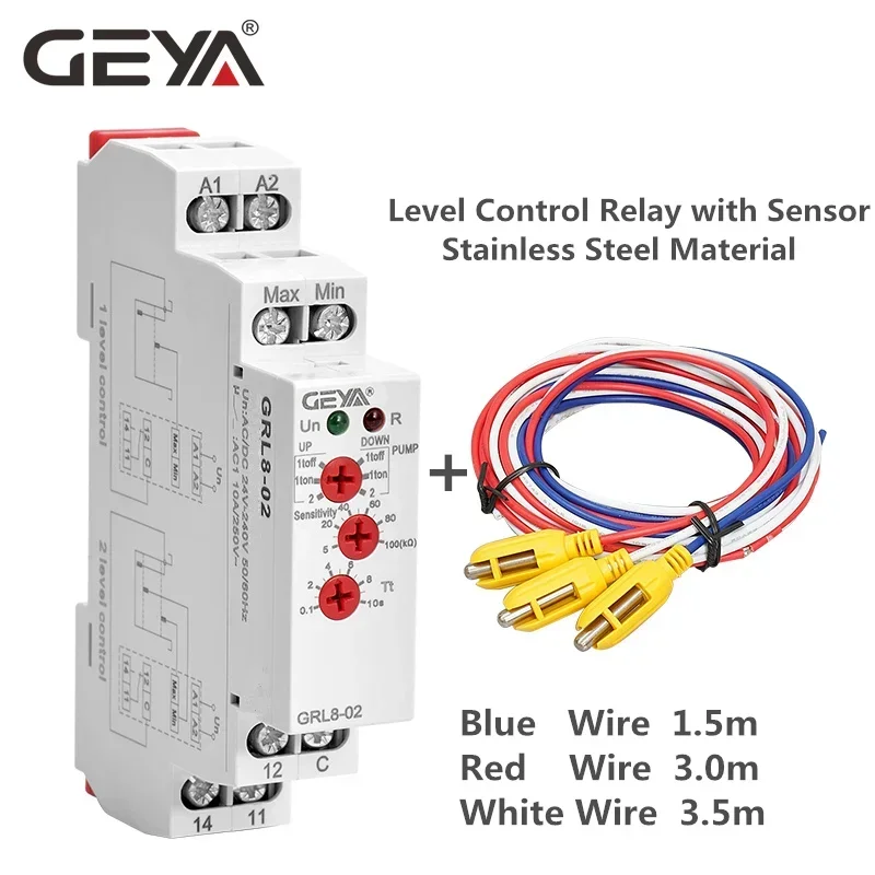 GRL8 Liquid Level Control Relay 10A Electronic Liquid Level Controller wirh Sensor AC/DC24V-240V GEYA