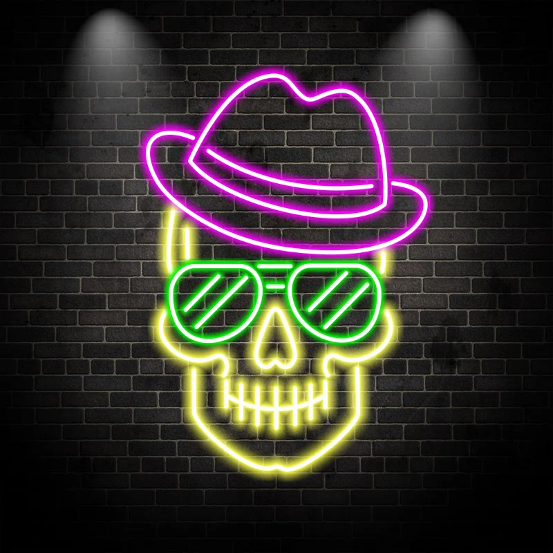 Skull In Hat And Sunglasses Neon Sign, Whimsical Wall Decor, Creative Neon Light In Shop & Bar