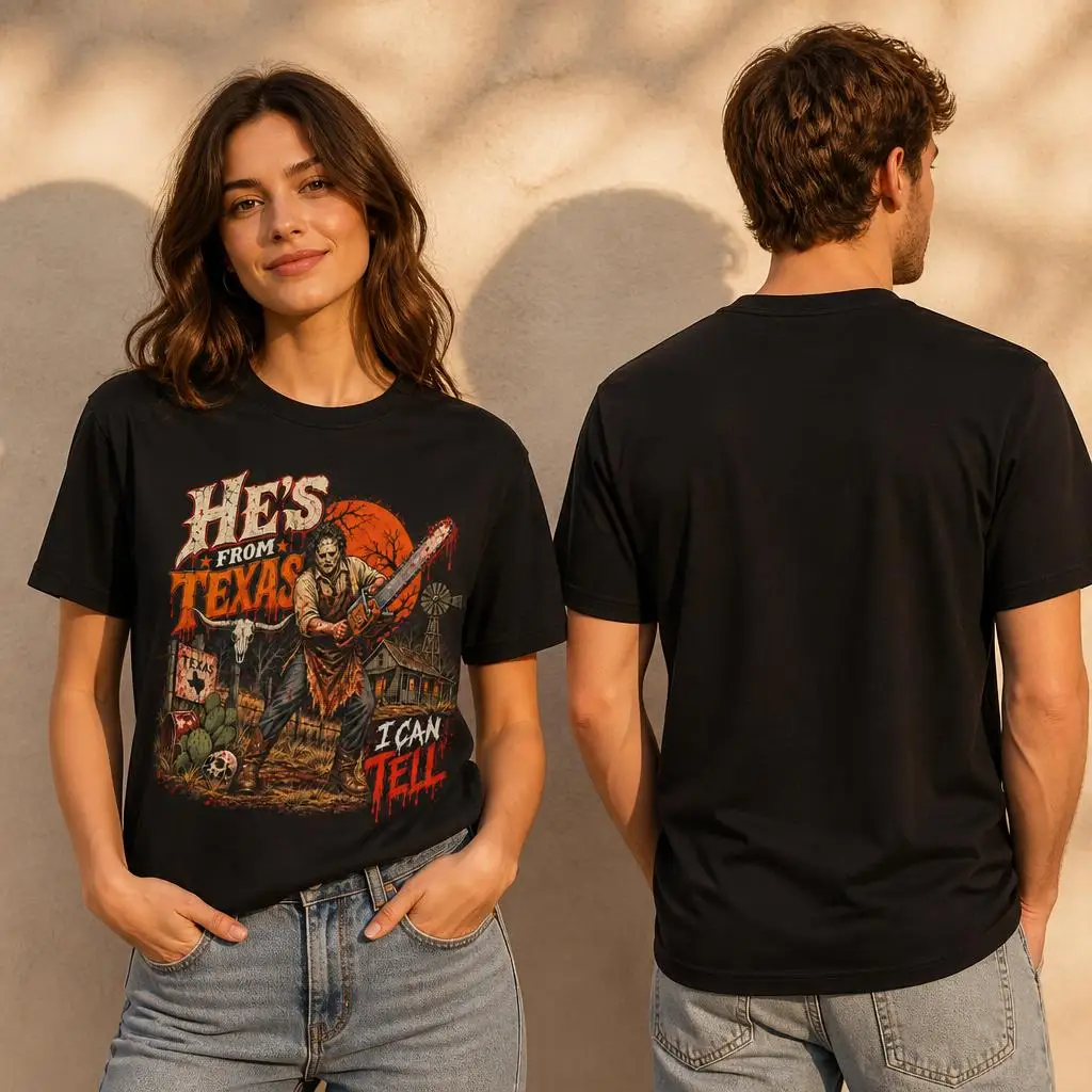 Ich kann erkennen, dass er aus Texas ist. Chainsaw Horror Halloween T-Shirts, lässige T-Shirts, kurzärmelige T-Shirts mit Rundhalsausschnitt, T-Shirts aus reiner Baumwolle. – Detail 3