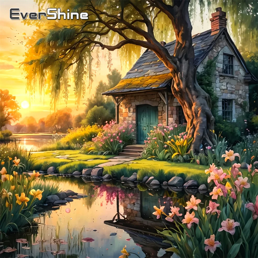 EverShine Vollquadratische Diamant-Stickerei, Gartenlandschaft, Strass-Gemälde, Haus, 5D-DIY-Bild, Mosaik, Lilien-Dekor für Zuhause