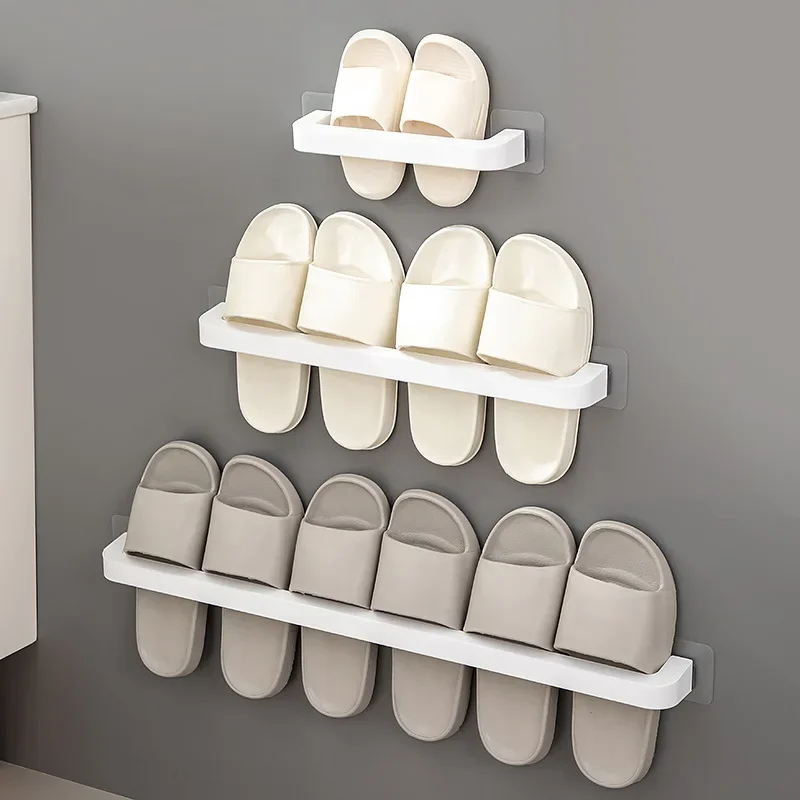 Bathroom Slipper Shelf Punch Free Wall Mount Shoes Hanger Rack Towel Storage Shelf Space Saving Shelves Bathroom Accessories