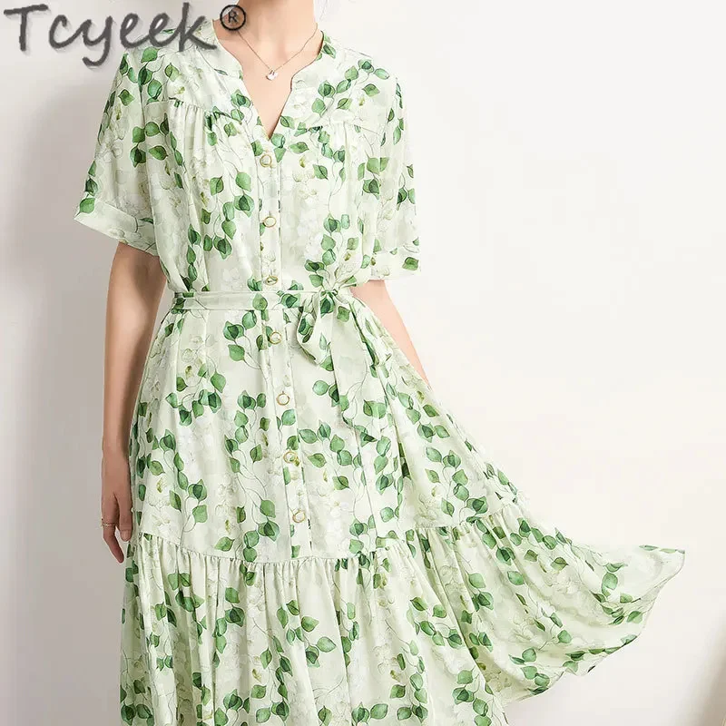 100% Tcyeek Real Mulberry Silk Summer 2024 Elegant Long es for Women Green Female Clothing Loose Print Dress