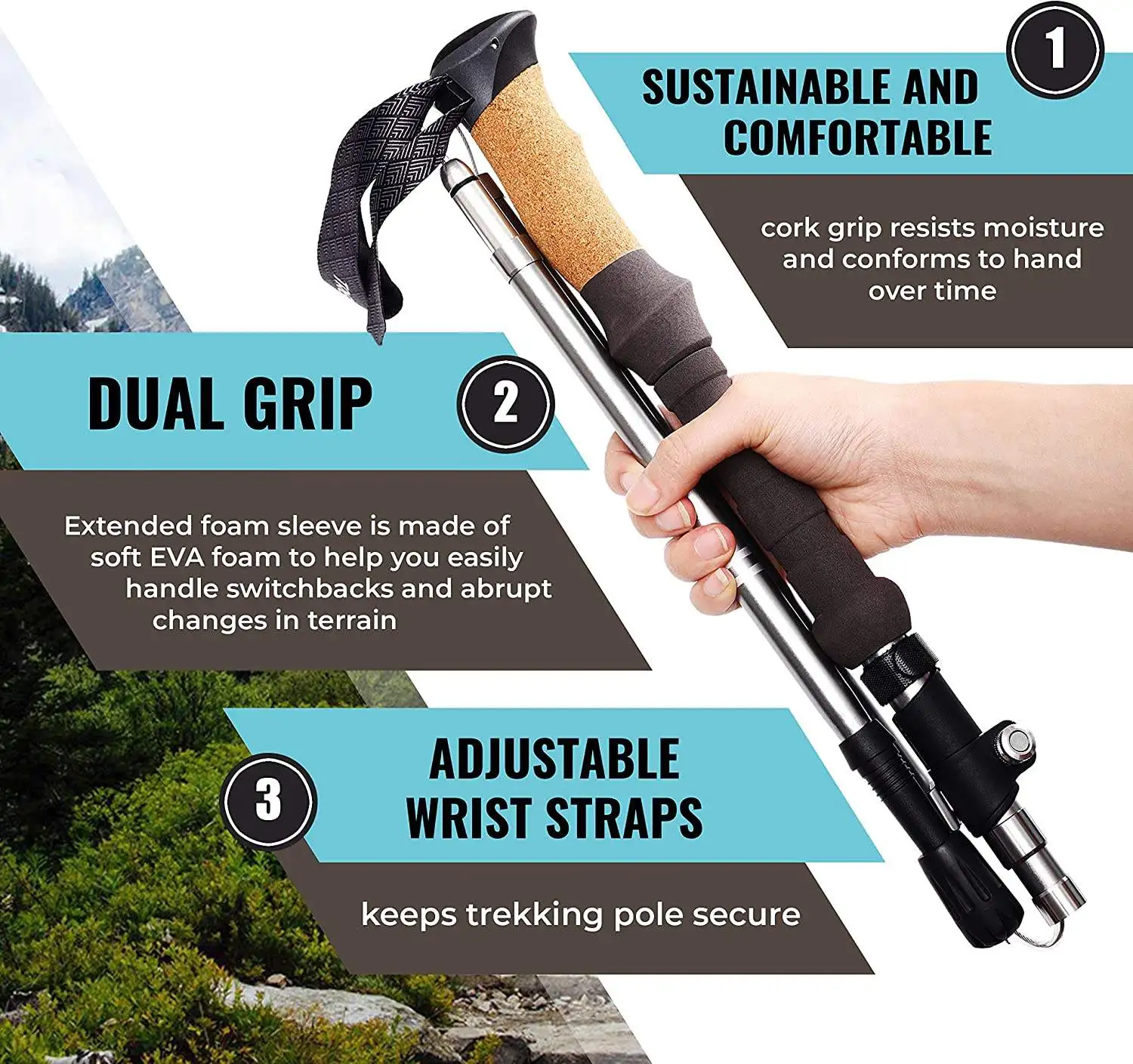 Poles Collapsible Nordic Hiking Pole - Cork Handle 2pc Ultralight Folding Walking Sticks Lightweight