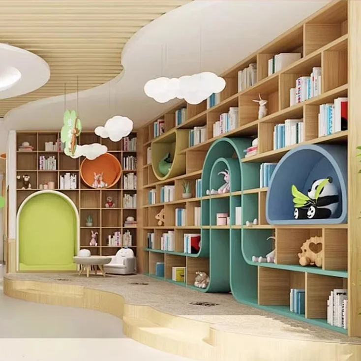 Biblioteca infantil, muebles de jardín de infantes, estanterías Estanterías con temática de animales de diseño personalizado