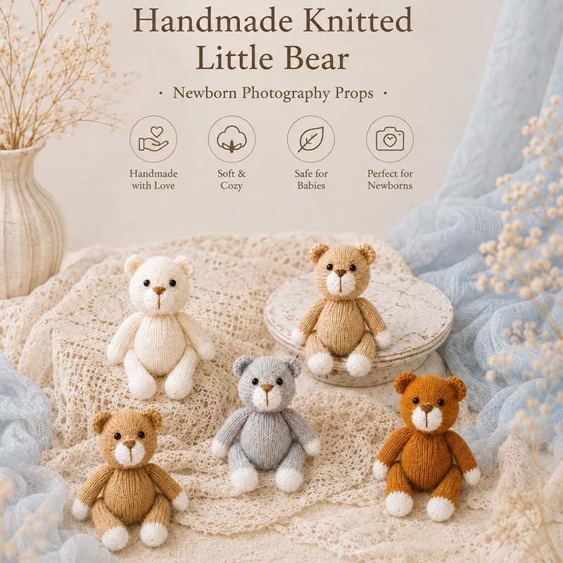 Hand Knit Bear Doll Newborn Baby Photography Props Soft Knitted Teddy Bear Infant Studio Photoshoot Decor Baby Shower Gift