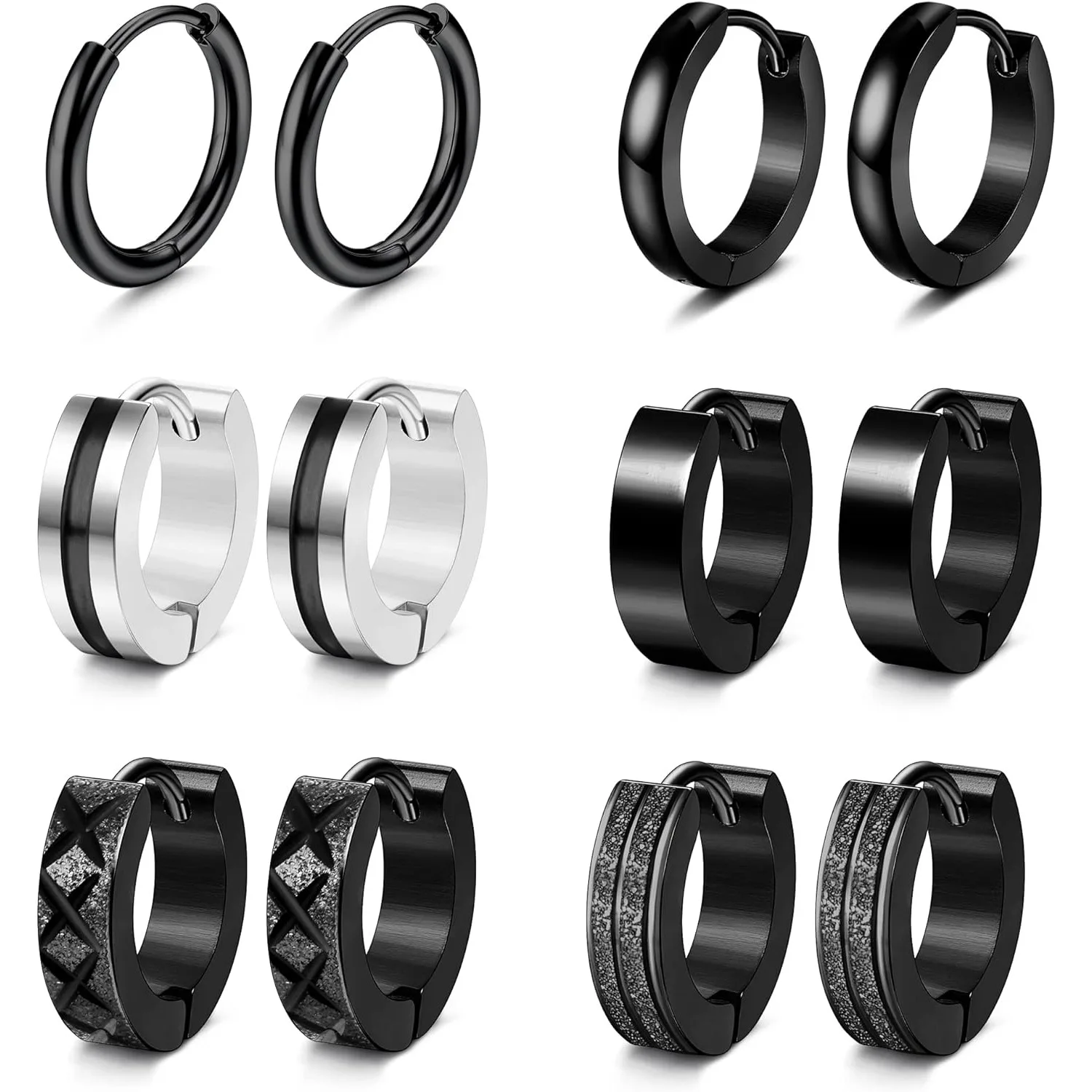 Bobisty 6 Pairs Hoop Earrings Set for Women Men Stainless Steel Gothic Hoops Huggie Earrings Classic Helix Piercing Jewelry Gift