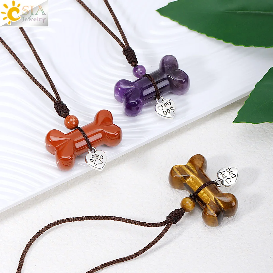 CSJA Cute Bone Shape Pendant Necklace Natural Stone Crystal Amethyst Rose Quartz Adjustable Necklaces for Women Men Jewelry H818