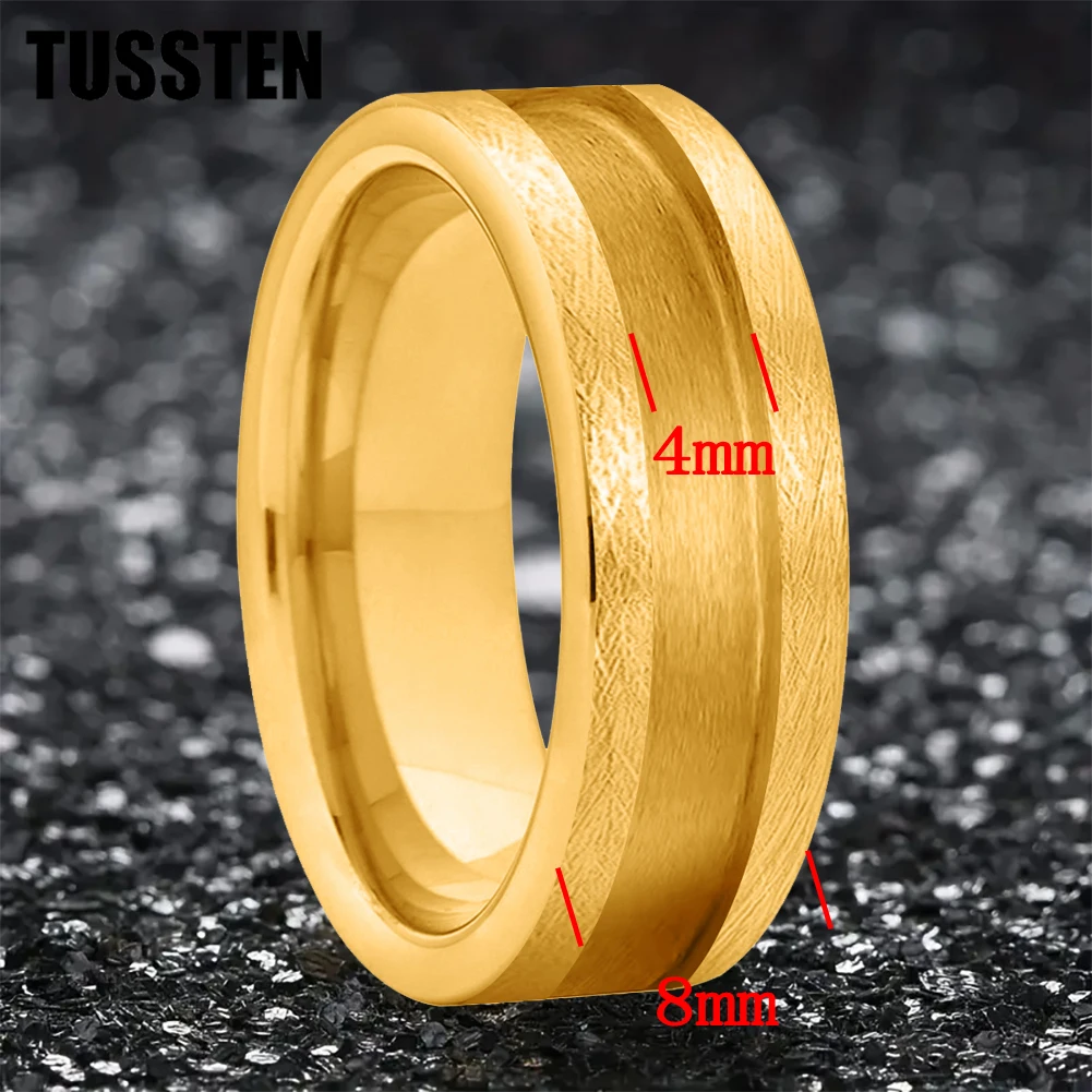 TUSSTEN 8MM Wholesale Gold Tungsten Blank Ring for Customized Inlay with Plane 4mm Groove Pipe Cut Polished Comfort Fit